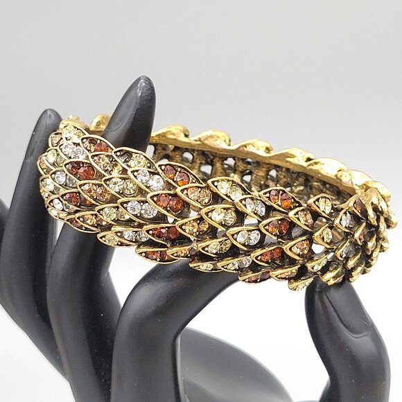 Rhinestone Feather Hinged Bangle Bracelet Clamper Tan White Gold Tone Metal - Picture 1 of 9